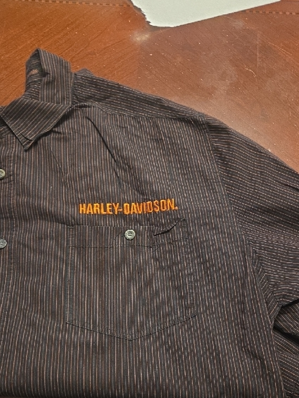 Harley-Davidson Brown Button-Down Shirt with Thin Tan Pinstripes - Picture 3 of 7
